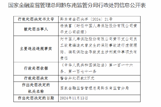 中国人寿黄平支公司被罚20万元：员工故意编造未曾发生的保险事故进行虚假理赔、骗取保险金导致发生涉刑案件